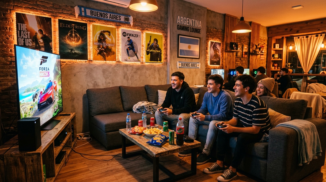 Lounge gaming con sofás y TV 4K Rosario